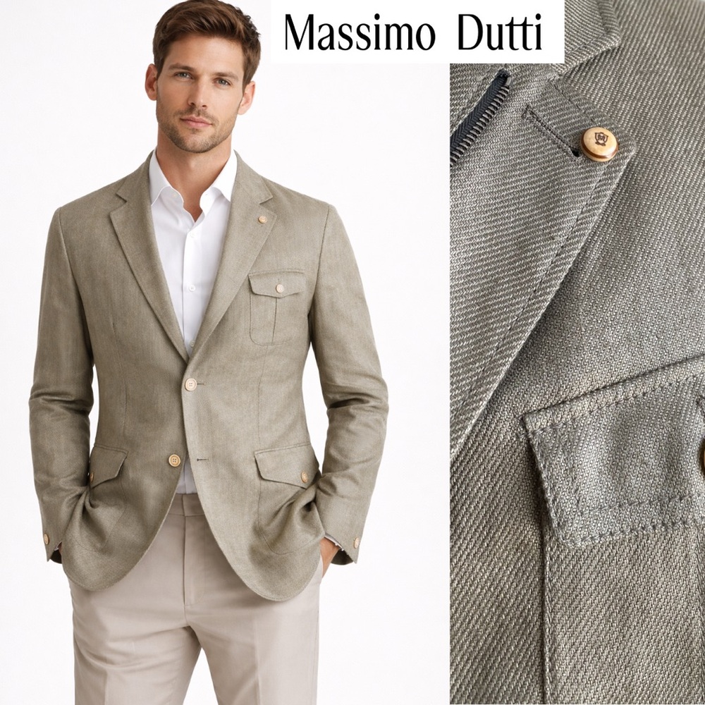Massimo Dutti Men Linen Blazer Sport Coat Jacket Modern European Smart Casual 48